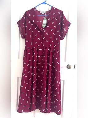 Collectif London Judy Bow Print Swing Dress NWT Burgundy Retro Collared XL UK 16